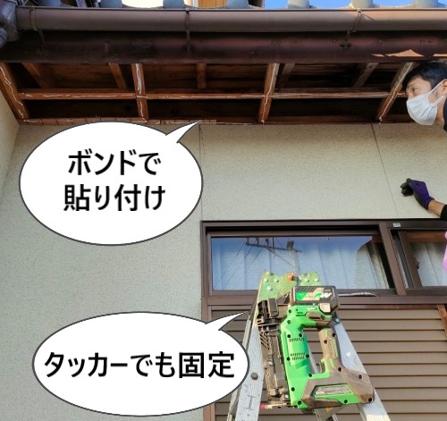 軒天の取り付け　ボンドで貼り付けてタッカーでも固定